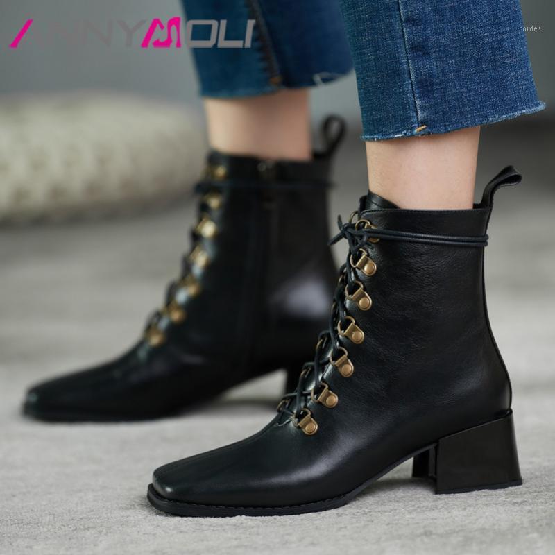 ANNYMOLI Rivet Genuine Leather High Heel Short Boots Women Ankle Boots Shoes Square Toe Thick Heels Zip Lace Up Lady 33-401, Black synthetic lin
ANNYMOLI Rivet Genuine Leather High Heel Short Boots Women Ankle Boots Shoes Square Toe Thick Heels Zip Lace Up Lady 33-401, Black synthetic lin
