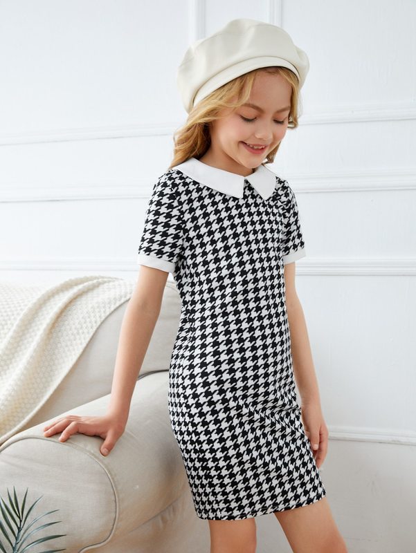 Girls Keyhole Back Houndstooth Print Fitted Dress SHE
