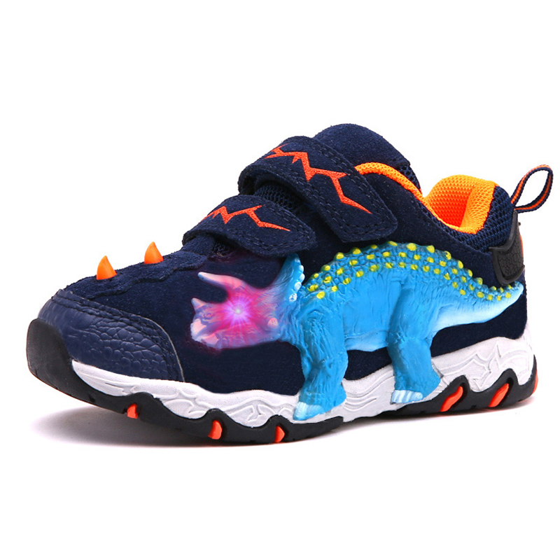 Dinoskulls 3-8 Boys Autumn Winter Shoes Dinosaur LED Glowing Sneakers Children Sports 3D T-Rex Kids Genuine Leather Shoes 201130