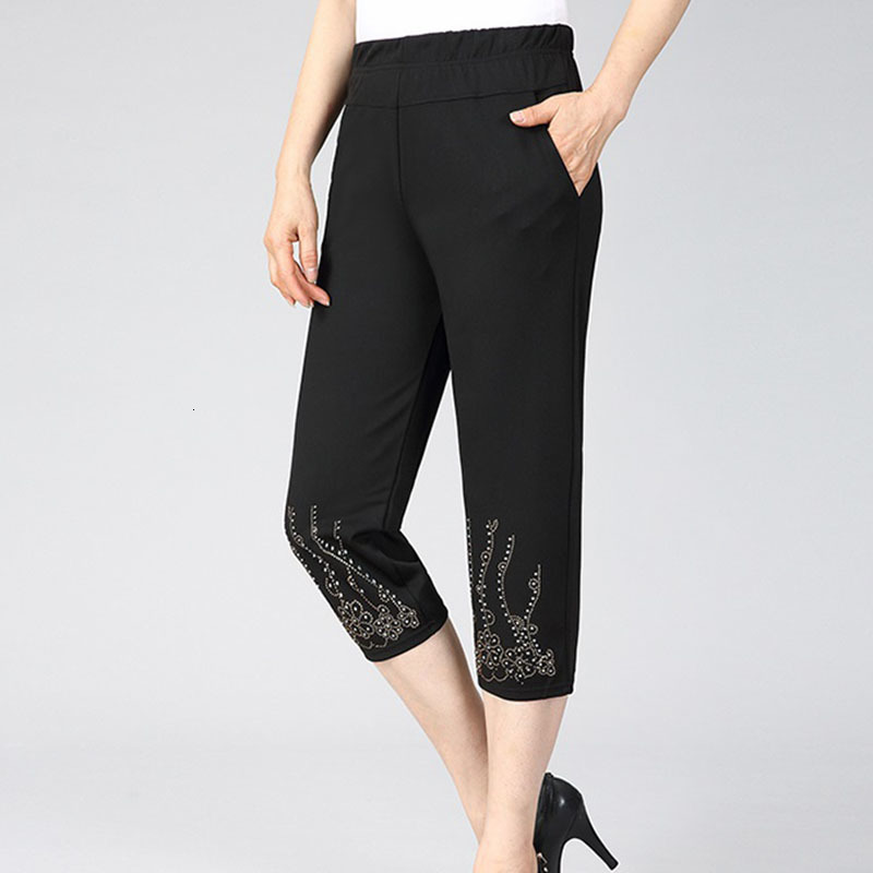 2021 Middle-aged Elderly People Will See Thin Section Mothercropped Elasticity New Women's High Waist Loose Big Size Pants Mrqb, Navy blue2