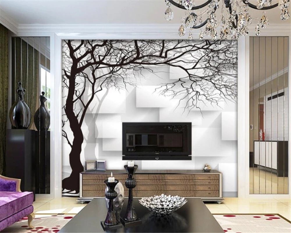 Custom Photo murals hand painted black and white 3d abstract tree box TV sofa background wallpapers Waterproof