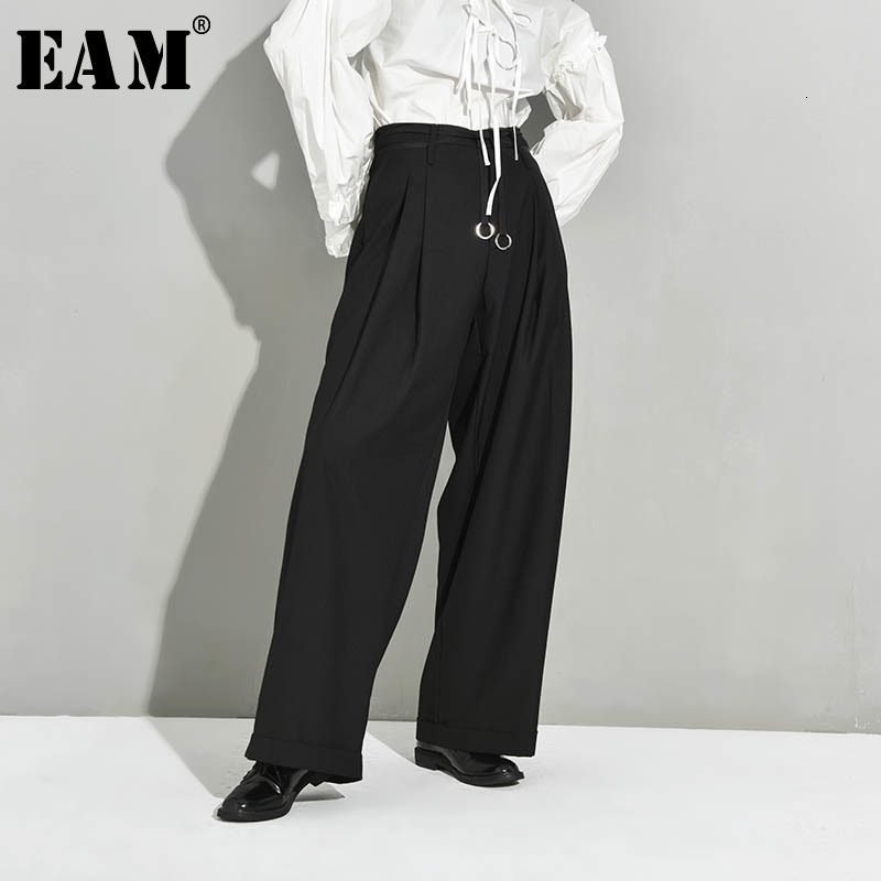 [EAM] High Waist Black Pleated Bandage Long Wide Leg Trousers New Loose Fit Pants Women Fashion Tide Spring Autumn JX39901 201111