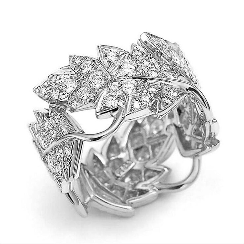 Size 6-10 Simple Fashion Jewelry 925 Sterling Silver Pave White Topaz CZ Diamond Gemstones Eternity Party Women Wedding Leaf Ring Set Gift