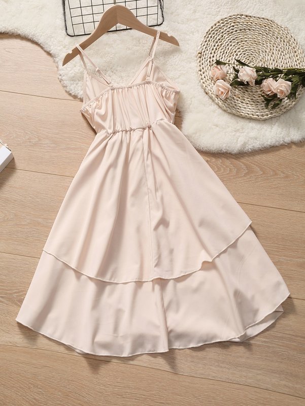 Girls Overlap Collar Layered Hem Cami Dress SHE