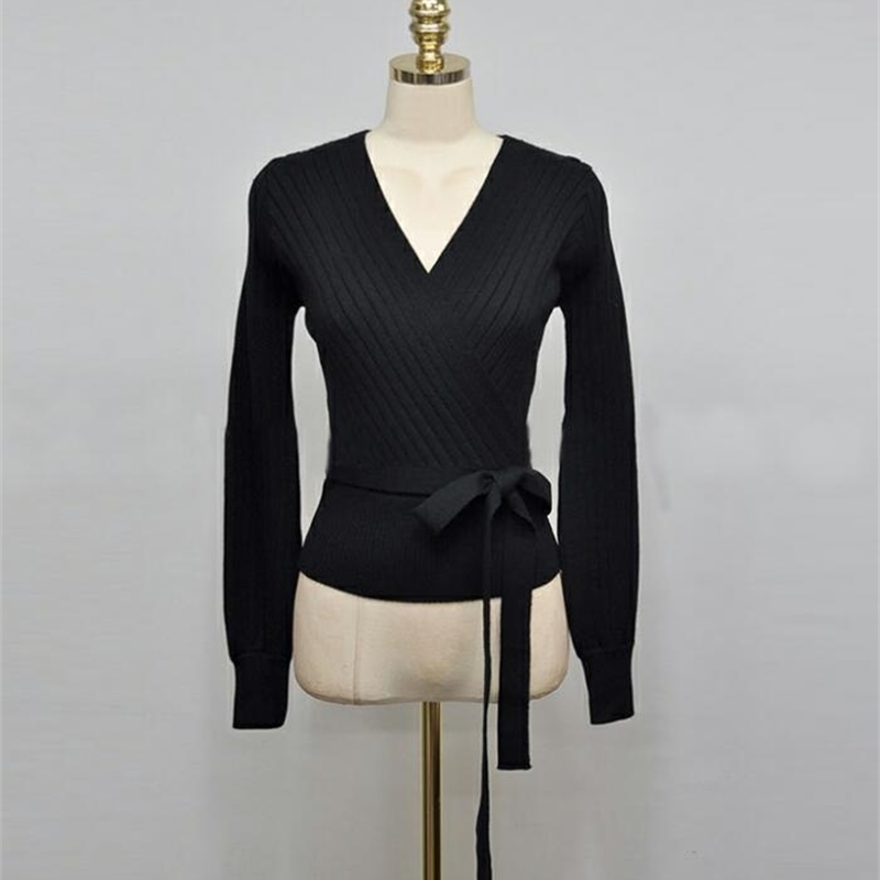 Elegant Pink V Neck Lantern Sleeve Lacing up Wrap Sweater Women Spring Fall Black OL Cardigan Knitted Jumper Ladies Tops 201120