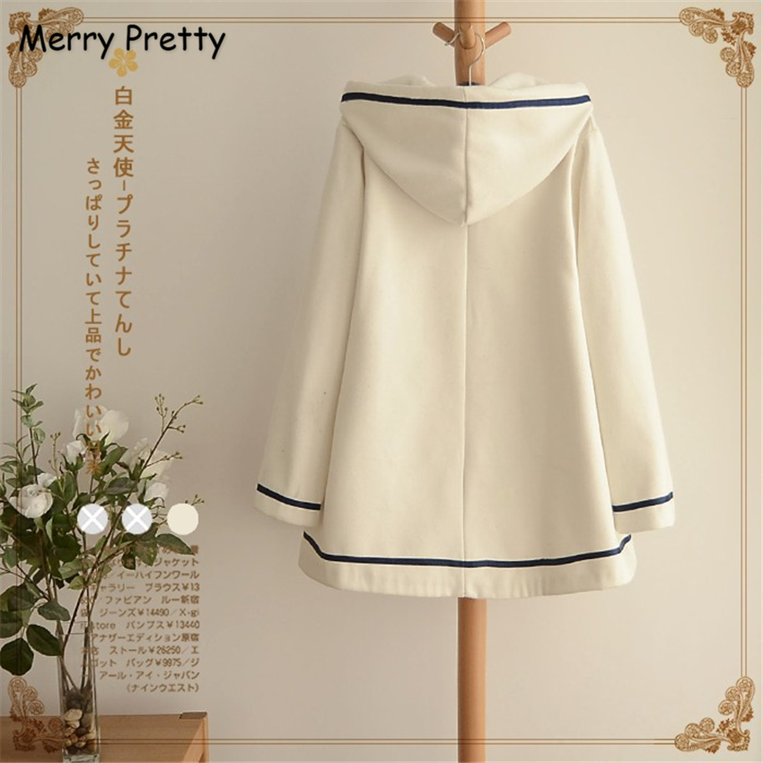 Merry Pretty Autumn Winter Women Jacket Preppy Style Mori Girl Solid Color Hooded Long Sleeve Blends Warm Coat Casual Outerwear 201017