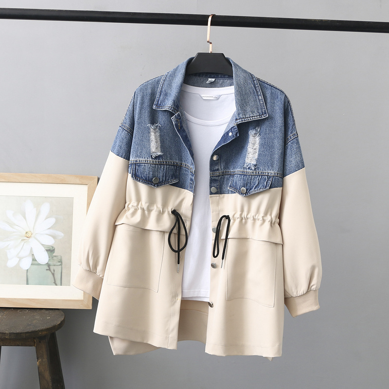 Neploe Jeans Jacket Women Clothes Drawstring Denim Coat Harajuku Patchwork Plus Size Jackets Long Sleeve Windbreaker Female 201017
