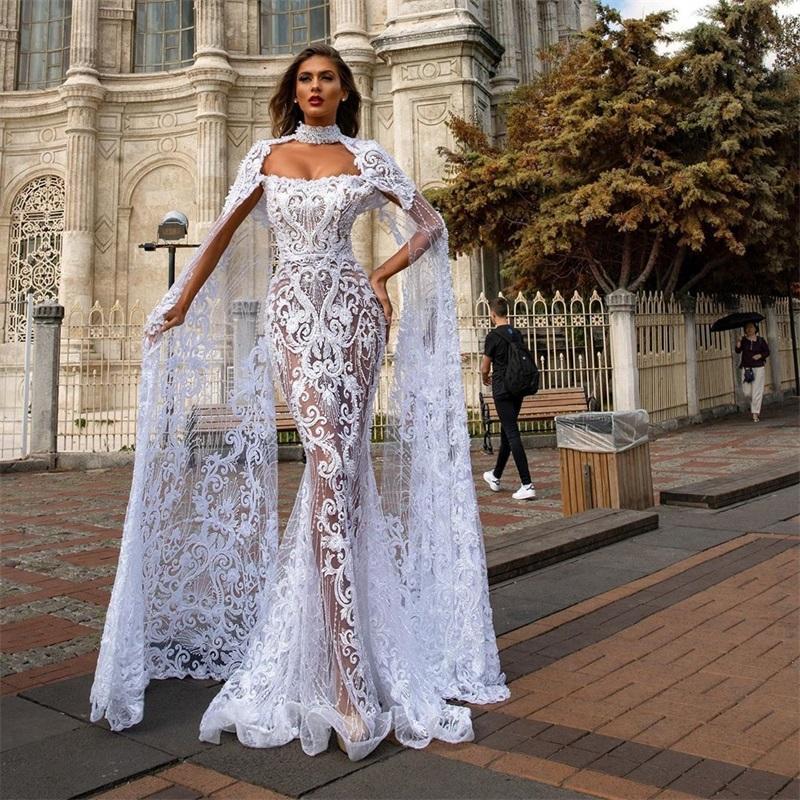 Elegant Lace Mermaid Wedding Dresses with Cape Shawl, High Neck, Full Appliqued Bridal Gowns 2024