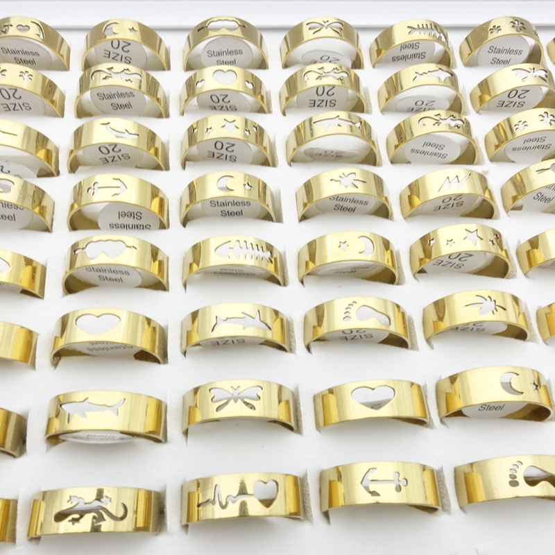 Wholesale 100PCS Stainless Steel Band Rings For Men Laser Cut Mixed Patterns Fashion Jewelry Womens Ring Size 17-21mm Golden Plated
Wholesale 100PCS Stainless Steel Band Rings For Men Laser Cut Mixed Patterns Fashion Jewelry Womens Ring Size 17-21mm Golden Plated