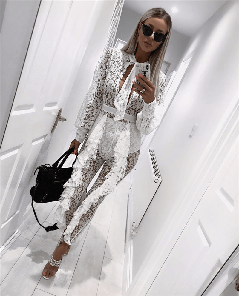 Women's White Sheer Lace Jumpsuit Sexy See Through Ral Ruffles Bodycon Rompers For Party, Club Wear, Night Out B2