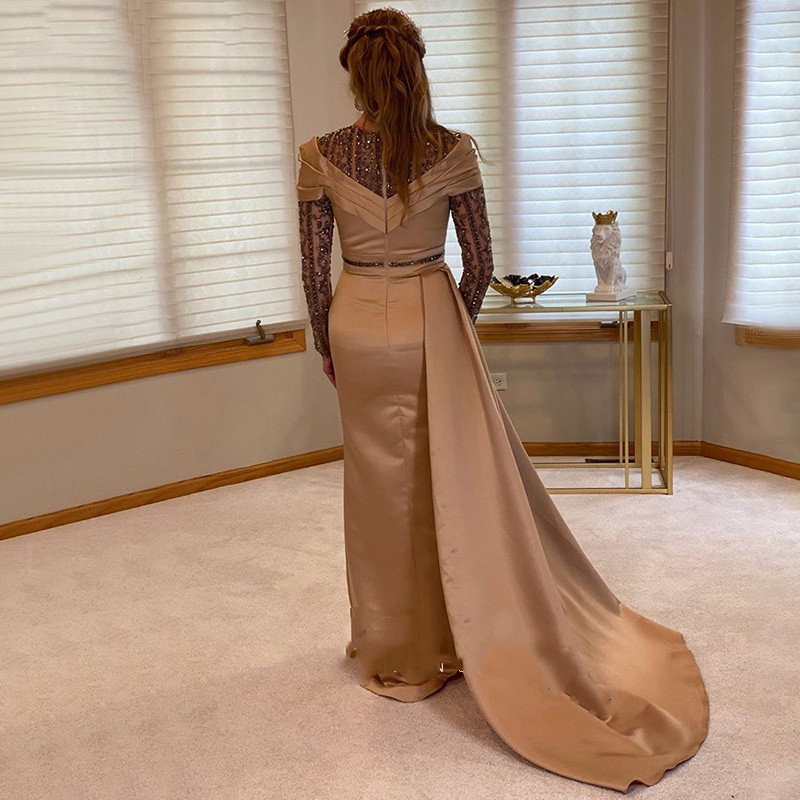 Champagne Long Sleeve Prom Dresses Luxury Beaded Crystal Overskirt Arabic Arabian Dubai Mermaid Reception Dress Evening Wear