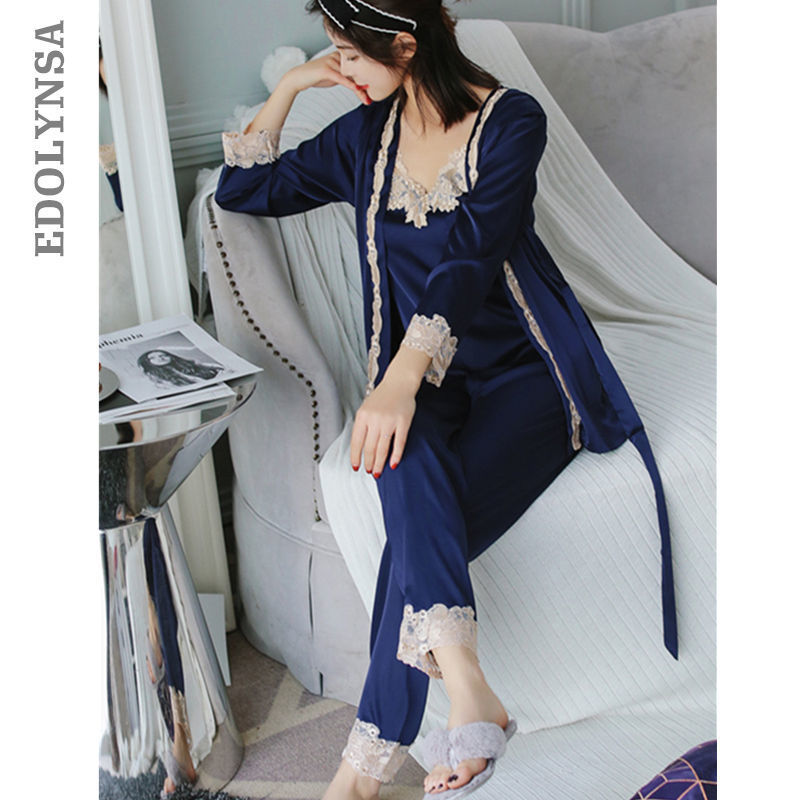 Satin Three 3 Pieces Sleepwear Female Sexy Lace Silk Pajamas Set Hollow Out Coat Strap Vest Long Pants Robe Gown Sets T207 201113