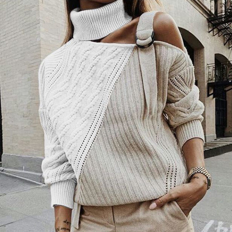 Women's Off Shoulder Turtleneck Sweater Pullovers Hollow Out Knitted Twisted Sweaters Woman 2020 Autumn Winter Pullover Ladies T200101