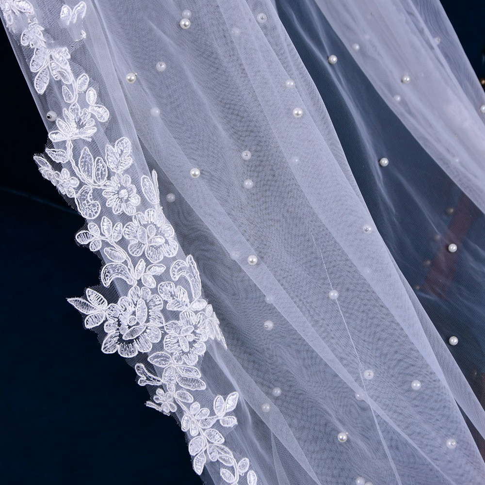 Wedding Veils Lace Appliqued Oner Layer 3meter Custom Made Applique Race Pearl Veils with Comb Bride Bridal Accessories