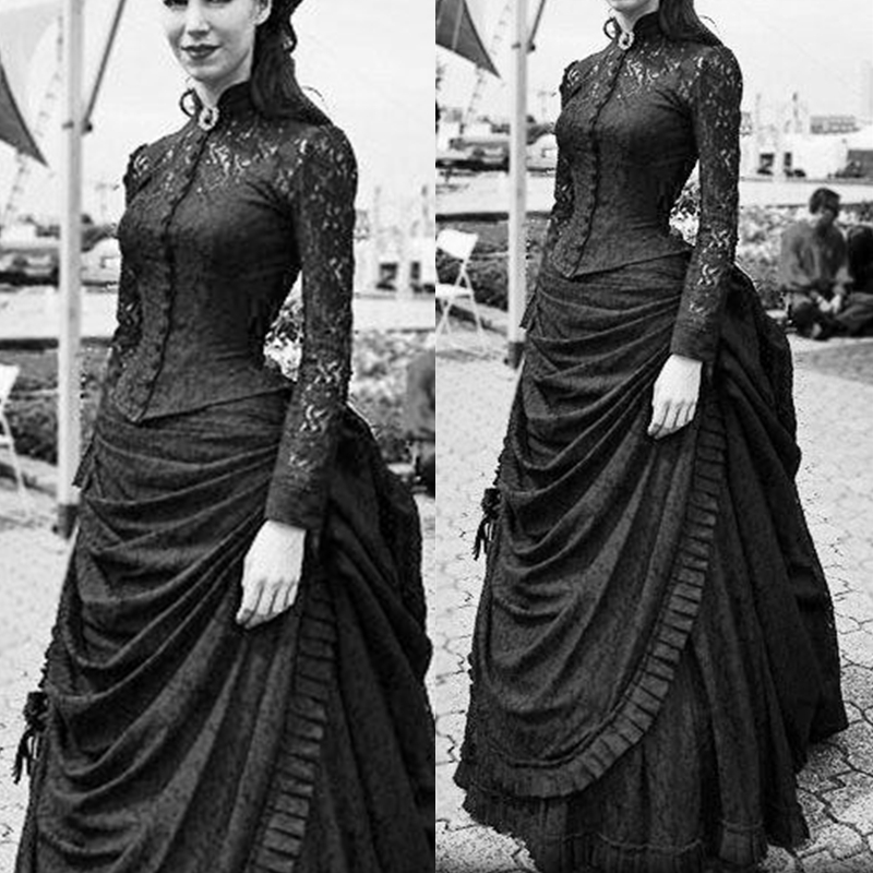 Vintage Victorian Black A Line Wedding Dress Lace Long Sleeve Jacket High Collar Retro Gothic Steampunk Wedding Gowns Cosplay Masquerade Bridal Dresse