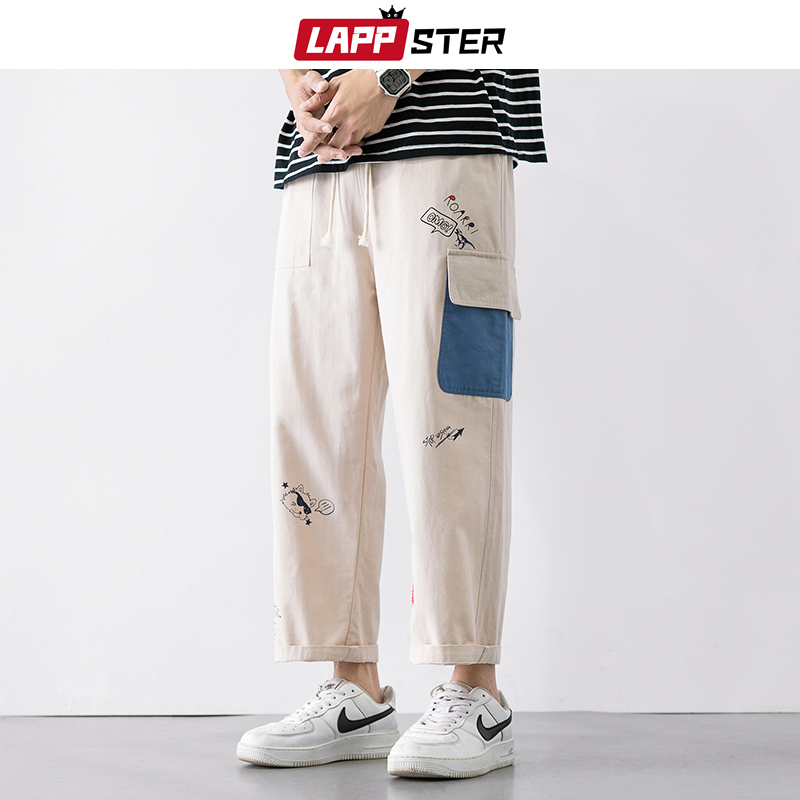 LAPPSTER Men Harajuku Streetwear Harem Pants Summer Man Korean Cargo Pants Male Patchwork Cotton Beige Casual Joggers Pants 201128