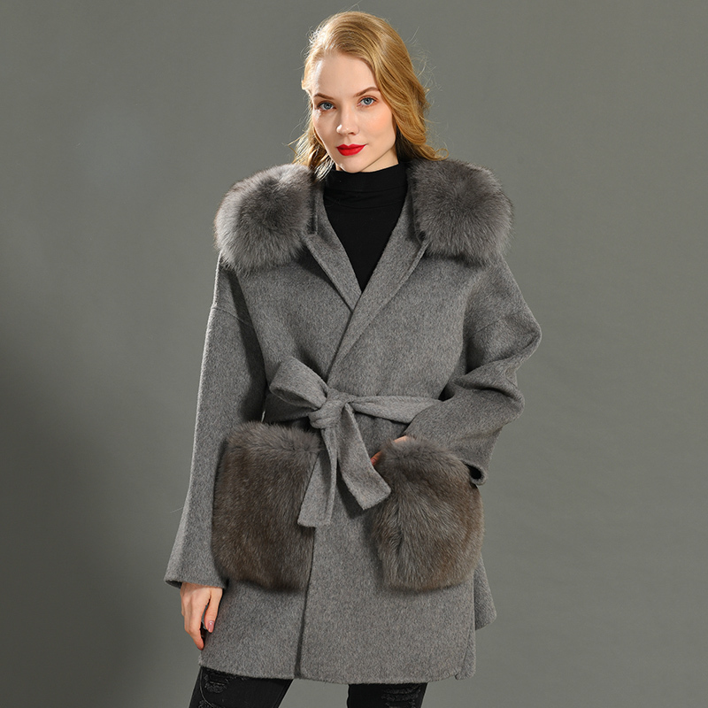Cashmere Jacket Women Detachable Fox Fur Collar Wool Blend Coat and Jacket Belt Ladies Autumn Winter Cashmere Overcoat 201222
