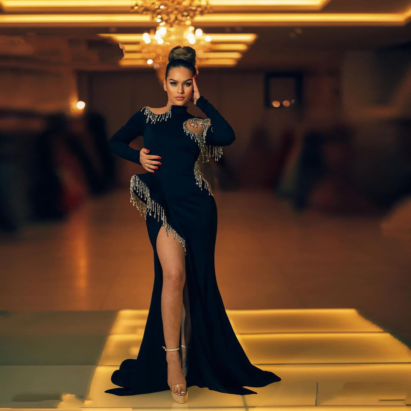 Tassel Black Mermaid Prom Dresses Aso Ebi Arabic High Split African Beaded Evening Gowns Plus Size Custom Made Dress