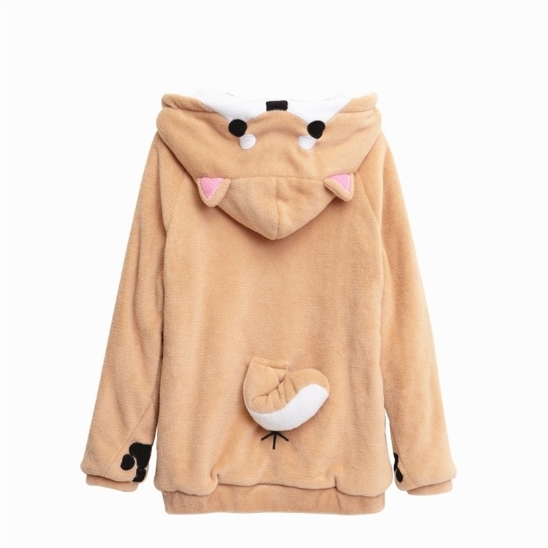 Shiba Inu Doge Kawaii lovely Velvet Long-sleeved Hooded Plush Coat Cartoon Anime Style Warm lady Winter Sweatshirt Christmas 201028