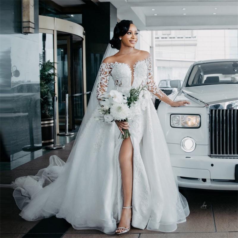 Off Shoulder Lace Mermaid Wedding Dresses Plus Size Women African Long Sleeves vestidos de novia Bridal Gowns with Detachable Train