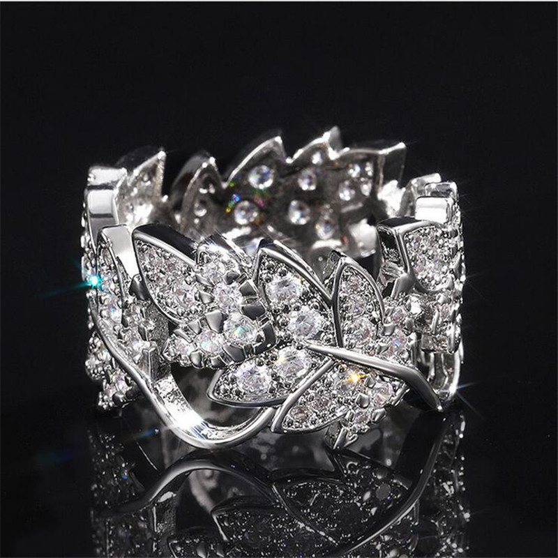 Size 6-10 Simple Fashion Jewelry 925 Sterling Silver Pave White Topaz CZ Diamond Gemstones Eternity Party Women Wedding Leaf Ring Set Gift