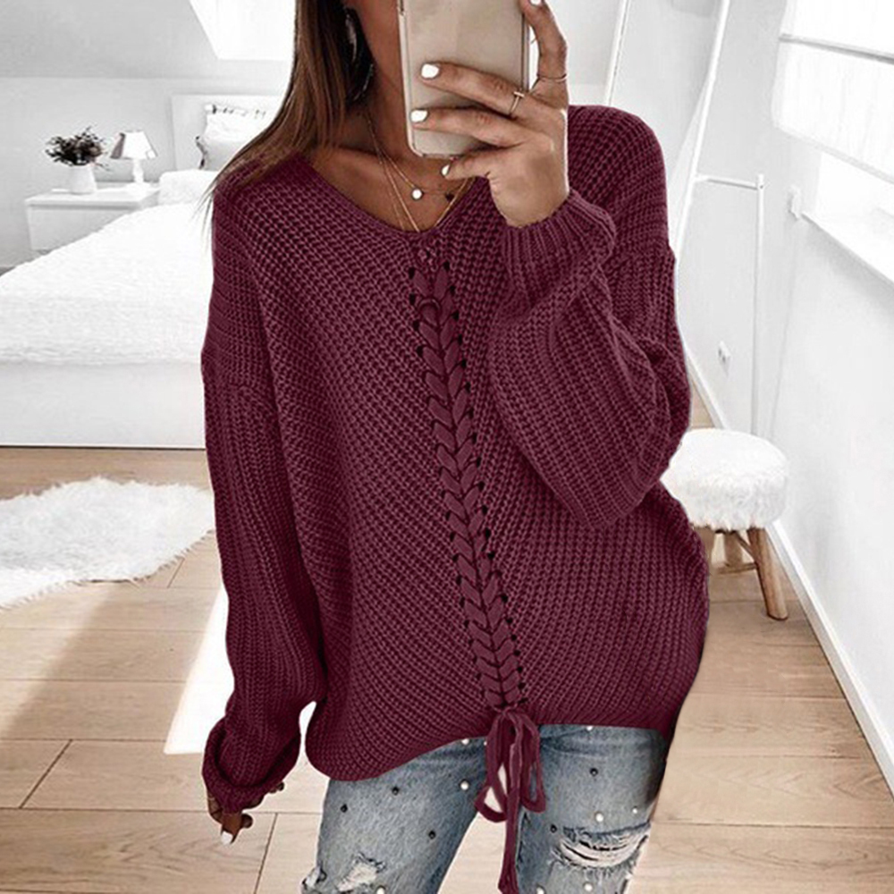 Laamei Lace Up Knitted Sweater Women Jumper Vneck Casual Autumn Winter Sweater Women Pullover Sweaters Ladies Pull Femme 201221