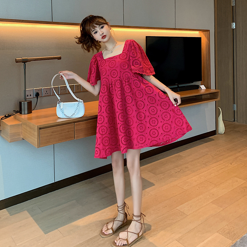 Maternity Clothes Summer Red fashion lace Short Sleeve Easy Matching Loose Stylish Dress for Pregnant Women Mom Dress LJ201124