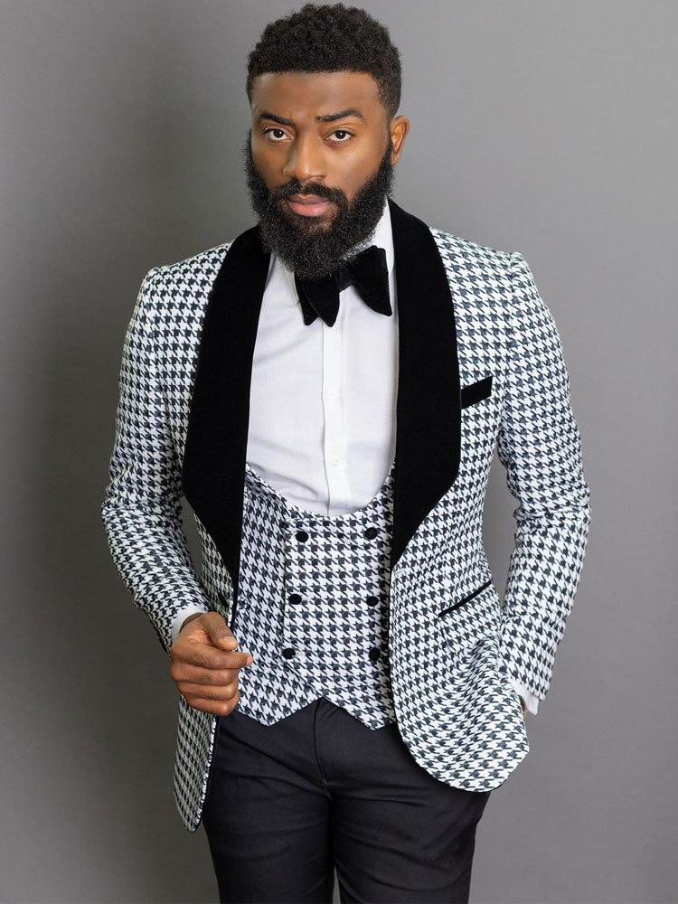 Black White Slim Fit Mens Suit Shawl Lapel Wedding Tuxedos 3 Pieces Set Groom Wear Swallow Gird Prom Blazers With Jackets Vest And Pants