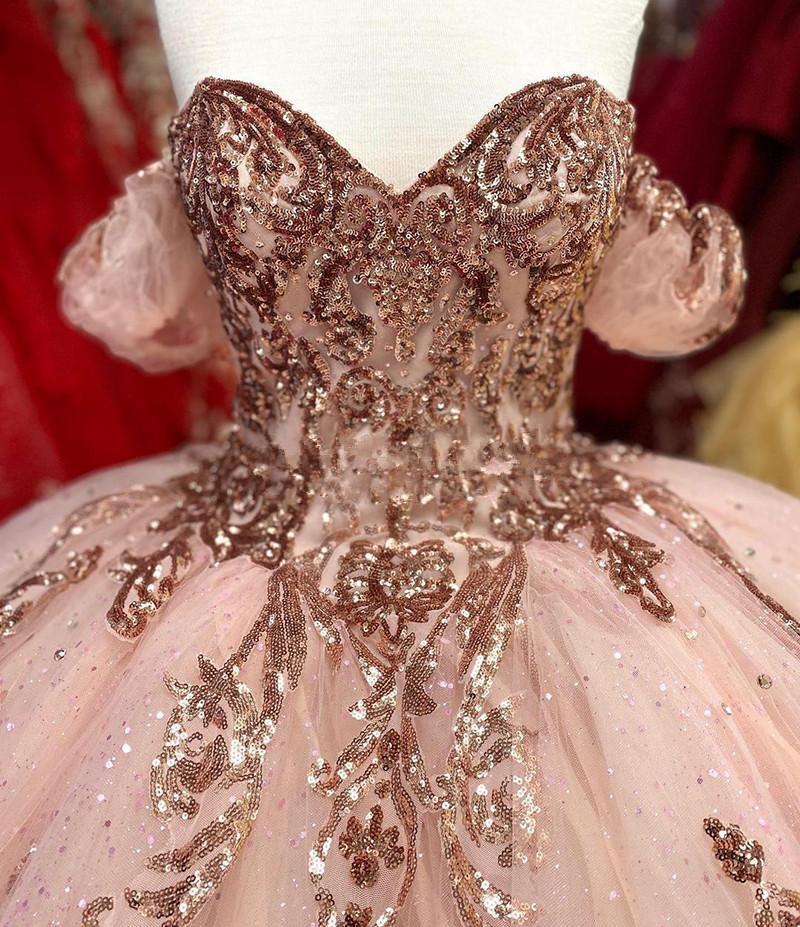 Charro rose Pink Quinceanera Dresses Off the Shoulder Sequins Lace Appliques Ball Gown Prom Dress Corset Back Sweet 16 Gowns Vestidos De Xv Años