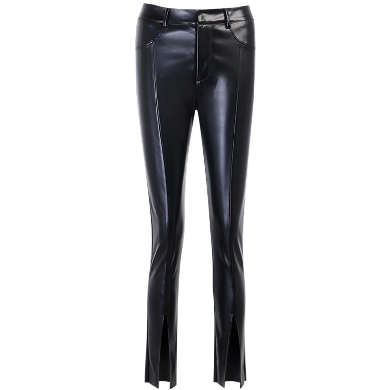 WannaThis High Waist Faux Leather Women's Pants Hem Split Black Brown Autumn Casual Ladies Streetwear PU Trousers Pencil Pants 201113