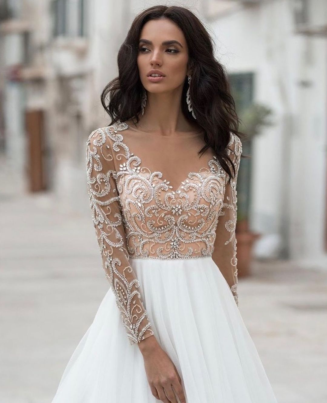 Line Stylish A Beaded Wedding Dresses Sheer Jewel Neck Long Sleeves Bridal Gowns Sweep Train Tulle Robe De Marie