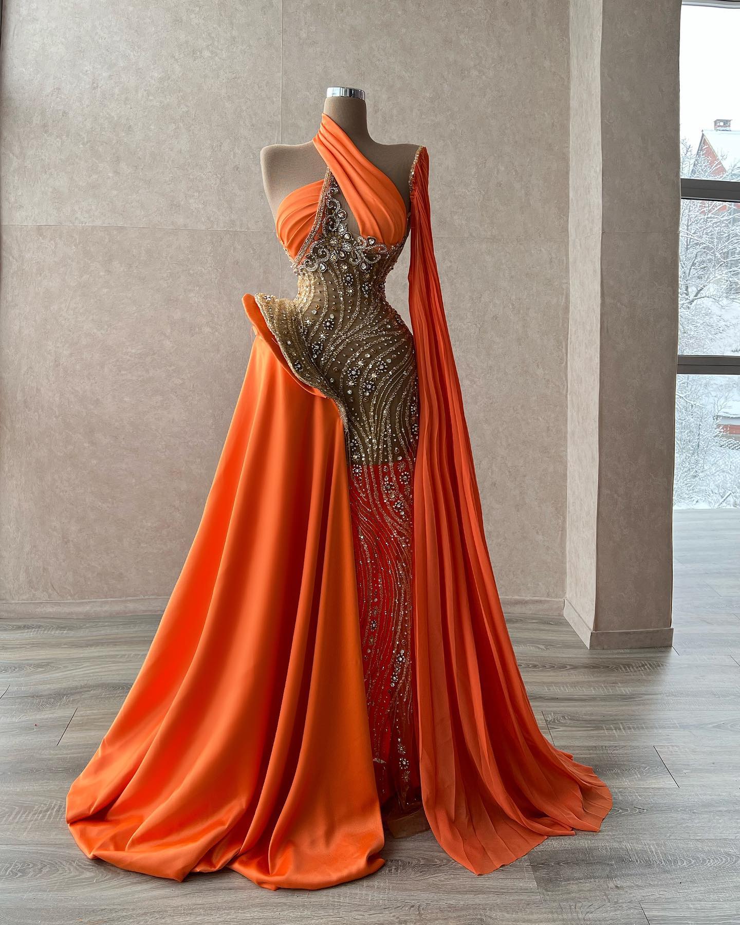 Plus Size Arabic Aso Ebi Orange Luxurious Sparkly Prom Dresses Beaded Crystals Evening Formal Party Second Reception Birthday Engagement Gowns Dress Z