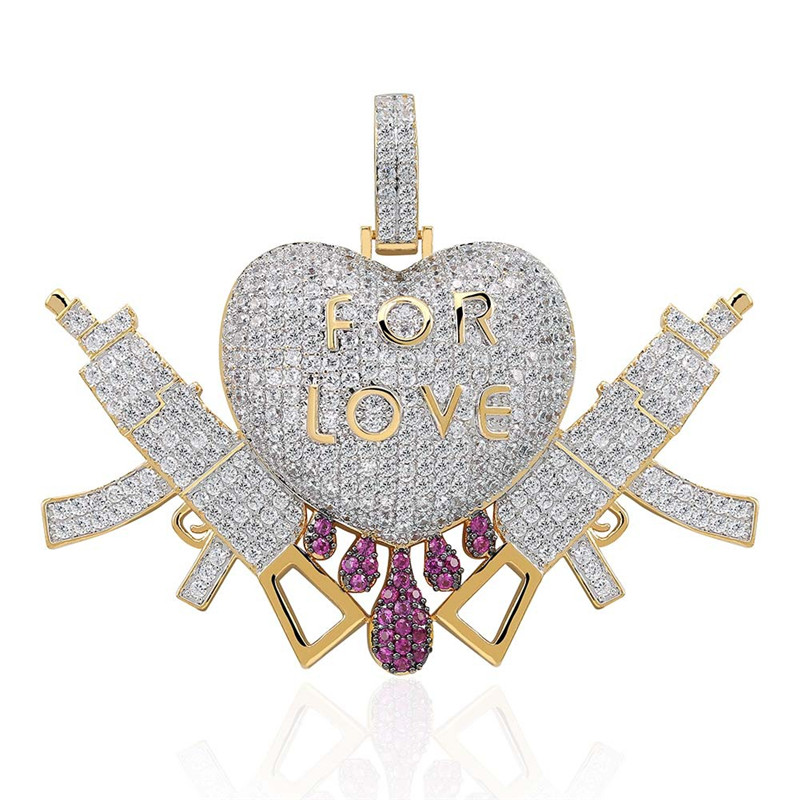 Iced Out Love Heart Pendant Hip Hop Full CZ Stone Double Gun Charm Necklace Rapper Jewelry For Men Free shipping Free shipping