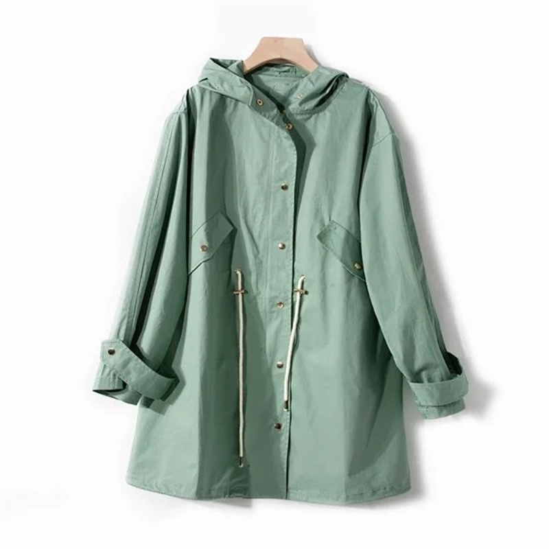 Women Trench New Loose Candy Drawstring Waist Trench Coat Mid-length Hooded Jacket 201102
