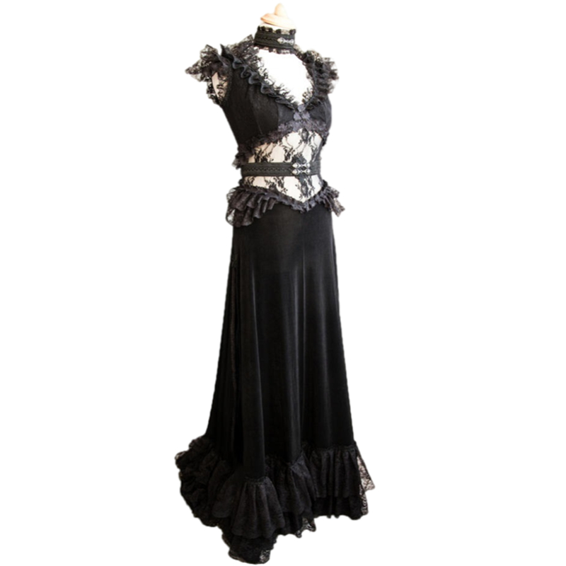 Vntage Victorian Black Evening Dresses V Neck Sexy See Through Long Special Occasion Dresses Pleats Lace Satin Woman Formal Party Gowns Reception Prom
