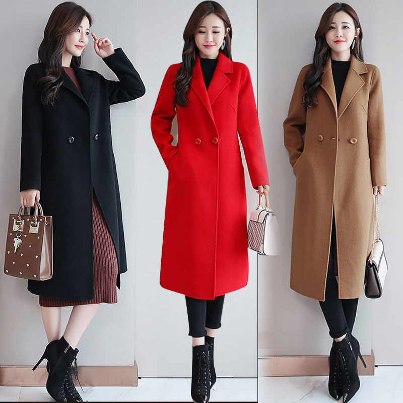 Autumn Wool Coat Women Plus Size Pockets Button Solid V-Neck Loose Long Red Women Coats Black Ladies Coats Cape Coat LJ201128