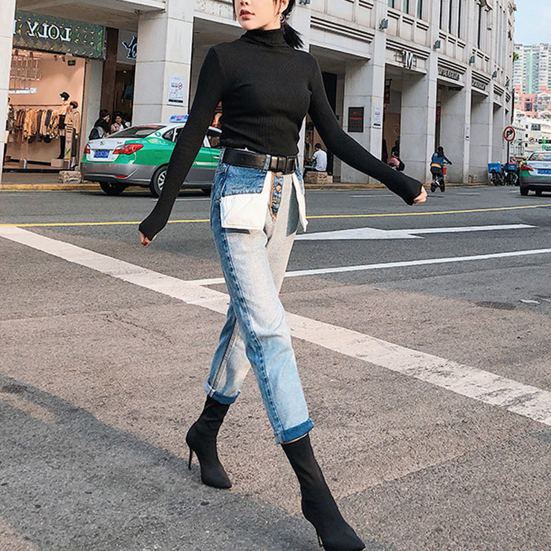 Stitching Reverse Pockets High Waist Boyfriend Jeans For Women Buttons fly Jeans Mom Patchwork Loose Straight ankle Denim Jeans 201105