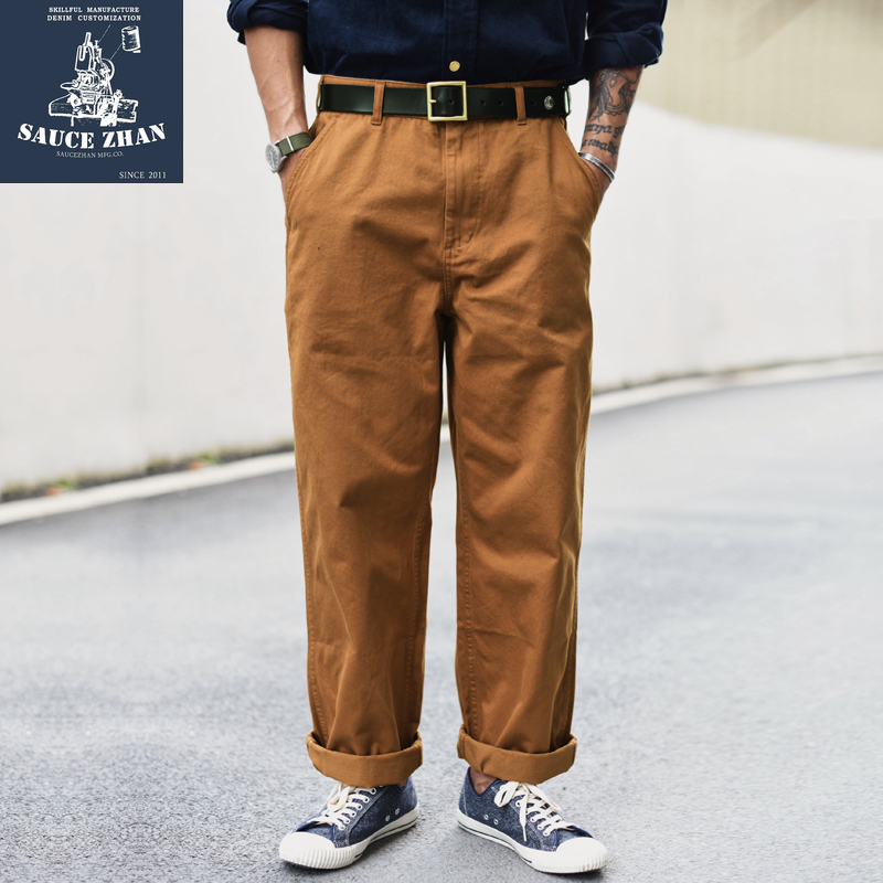 SauceZhan XX001 Chino Vintage Cargo Men Cotton Straight & Capris Casual Pants 310g Thick Loose 201217