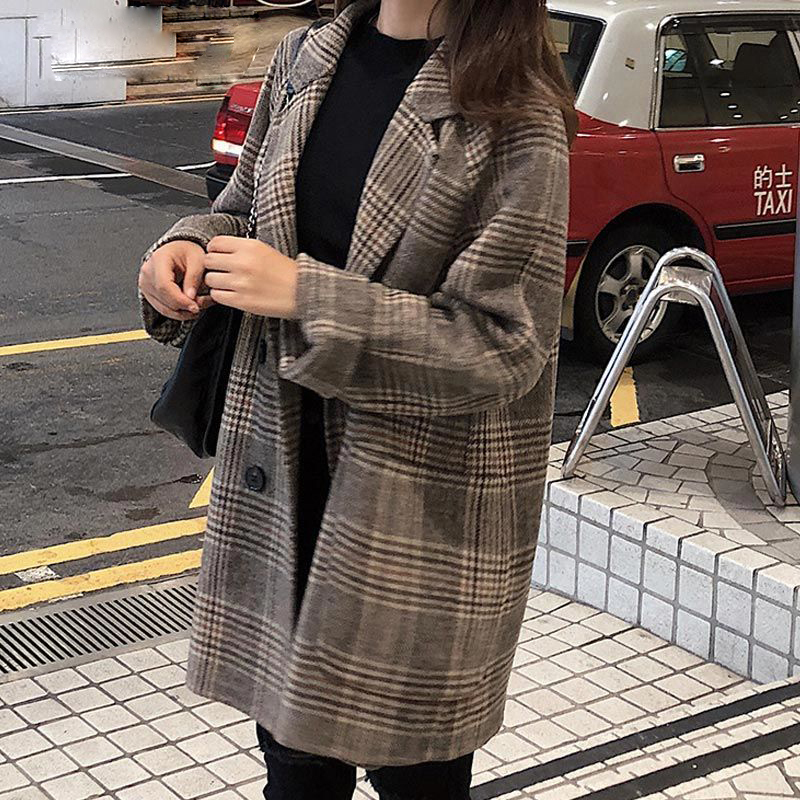 2020 New Chic Plaid Woolen Women Jacket Thick Office Lady Pockets Work Coat Ladies Loose Double Breasted Outerwear Tops LJ201128
