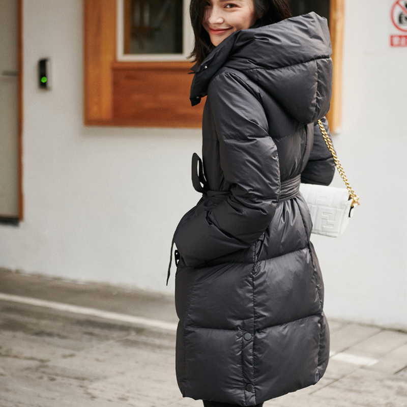 puffer winter down jacket warm hood Adjustable belt side slit zipper plus size 4XL black white women's fashion coat 201019