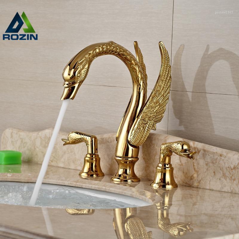 

Soild Copper Gold Finish Bathroom Faucet Luxury Golden Swan Shape Basin Tap Dual Handle Deck Mount1