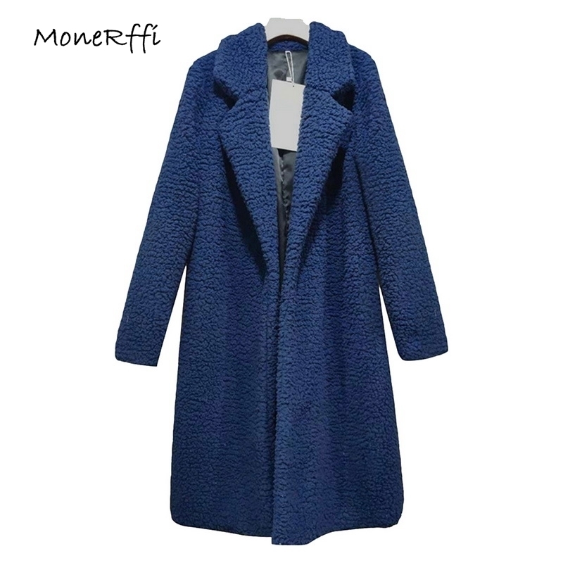 Monerffi Winter Thicken Women Long Coat Faux Fur Jackets Lapel Teddy Cardigan Slim Plus Size Lamb Wool Outwear T190827