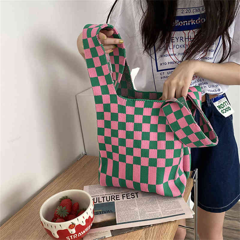 NXY Shopping Bags pouch Women Diamond Check Knit Handbag Convenient Korean Simple and Fashionable Folding Storage Shoulder 220128