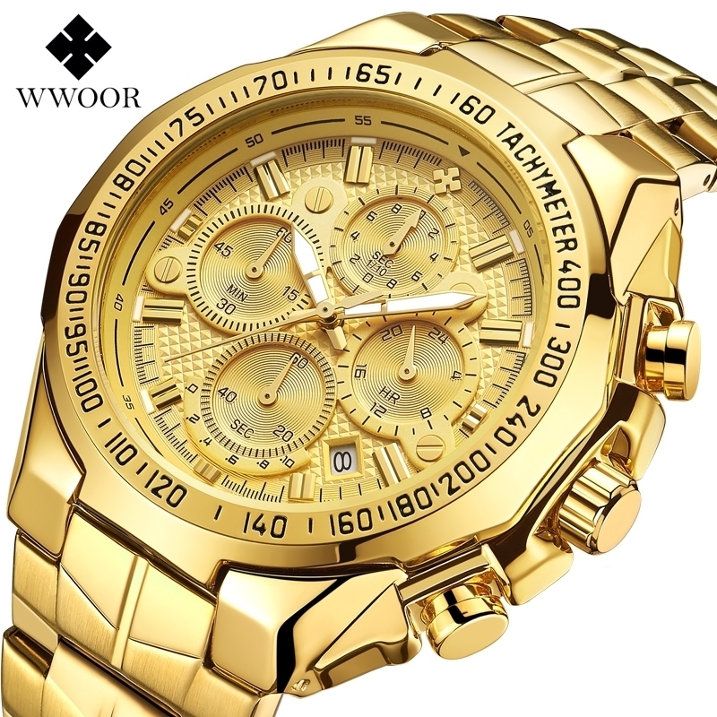 

WWOOR Luxury Gold Mens Watch Top Brand Sport Big Watches For Men Waterproof Quartz Date Wristwatch Chronograph Male Reloj Hombre T200815, Black black