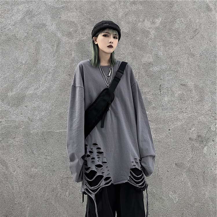Women vintage punk long sleeve t shirt black white ripped hole tops ladies harajuku hip hop oversized tee shirts 201028