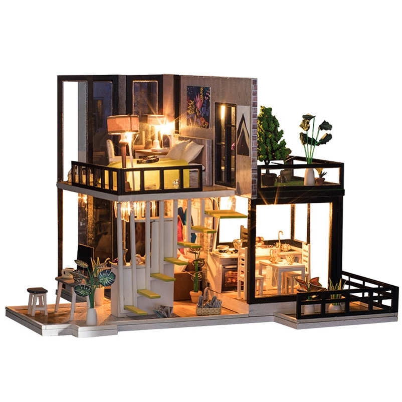 diy big house wooden doll houses kitchen miniature villa dollhouse kast furniture kit travaux manuels adulte oyuncak ev 201217