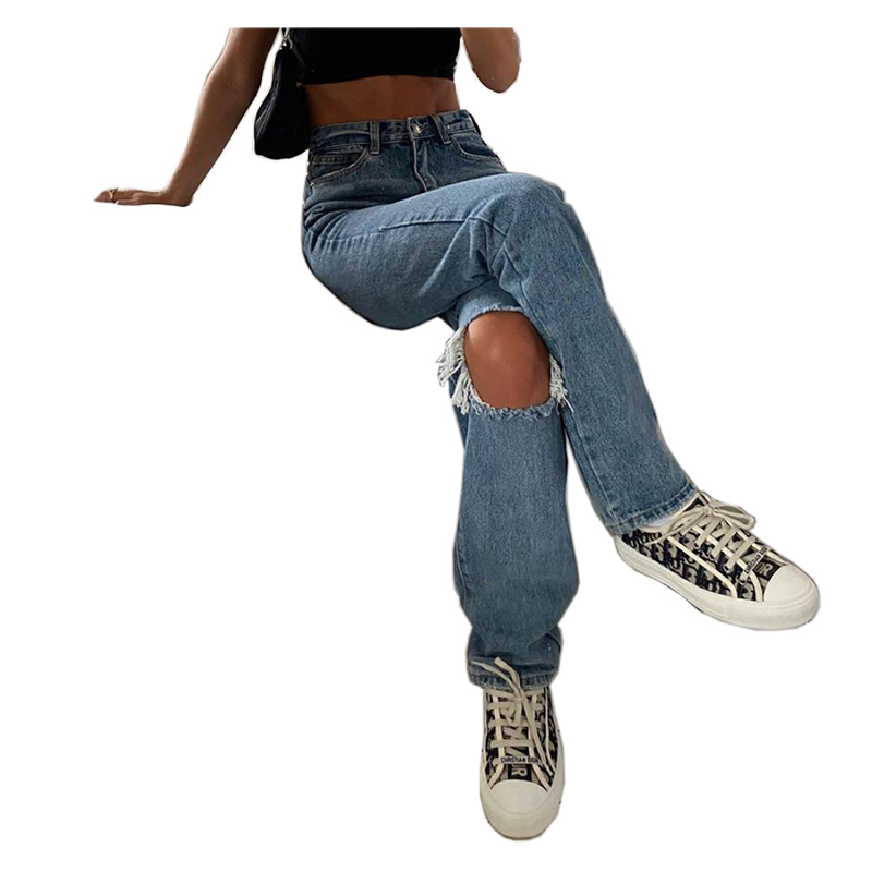 Ripped For Cargo Pants Women Mom Jean High Waist Fashion Holes Thin Women's Baggy Jeans Long Denim Trousers 201105