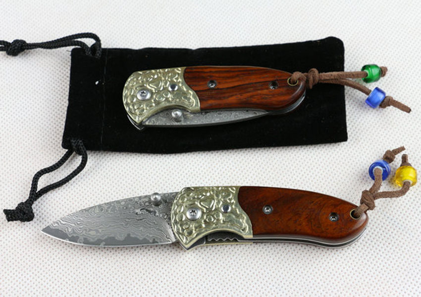 High Quality Pocket Folding Knife VG10 Damascus Steel Blade Red Ebony + Brass Handle Gift Knives With Nylon Bag