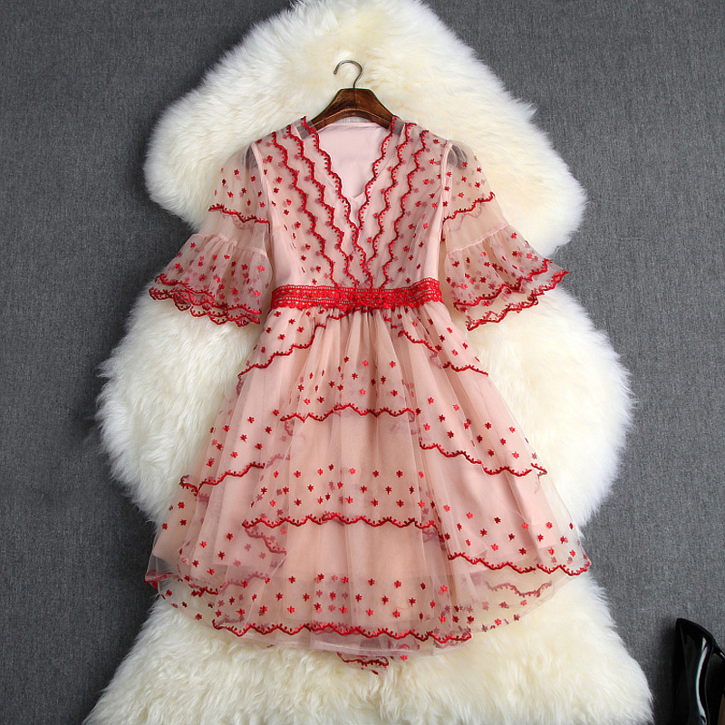 2019 Summer Fall Half Sleeve V Neck Retro Polka Dot Print Tulle Embroidery Panelled Short Mini Dress Casual Fashion Dresses LYAG0416T10033, Pink
2019 Summer Fall Half Sleeve V Neck Retro Polka Dot Print Tulle Embroidery Panelled Short Mini Dress Casual Fashion Dresses LYAG0416T10033, Pink