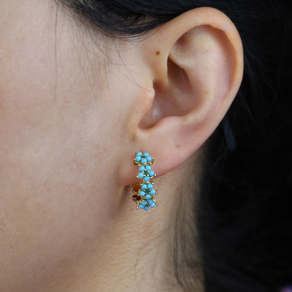 2021 Spring New Fashion Women Jewelry Gold Color Prong Set Blue Turquoises Stone Flower Hoop Earring